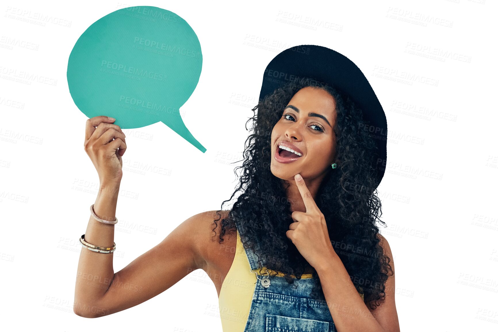 Buy stock photo Thinking, portrait and woman with speech bubble, FAQ or mockup on isolated, transparent and png background. Questions, face and female student with why, sign up or social media, how to and idea