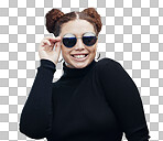 Fashion, smile and woman with sunglasses for beauty cosmetics, makeup and luxury style in studio. Fashion model, designer brand and confident girl with stylish accessories, trendy and edgy jewellery