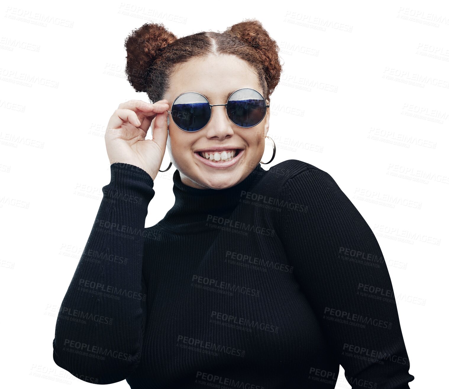 Buy stock photo Fashion, smile and woman with sunglasses isolated on transparent png background for beauty, luxury or style. Portrait, designer brand glasses and confident hipster girl with happy face, frame and fun