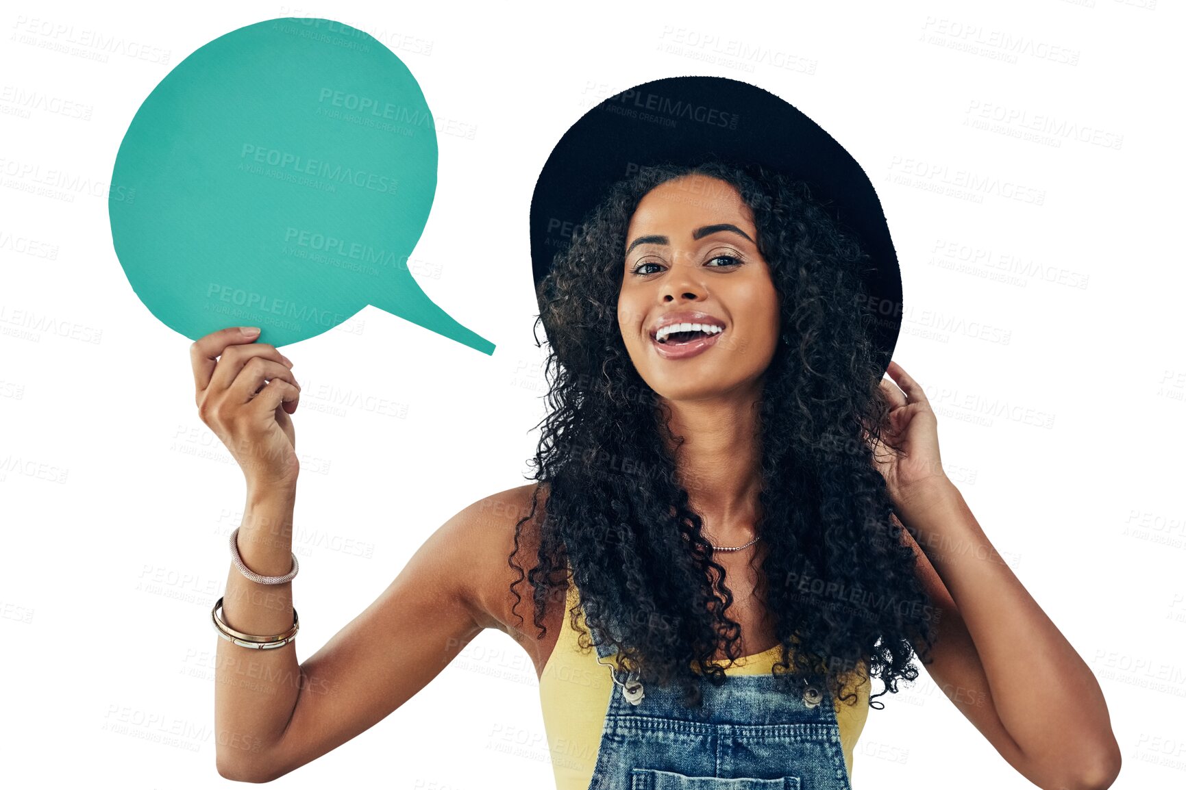 Buy stock photo Fashion, portrait and woman with speech bubble, poster or sale on isolated, transparent or png background. Face, smile and female model show space for social media, sign up or cloth, discount or info