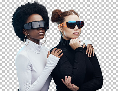 Fashion, futuristic and cyberpunk with women in sunglasses, young and trendy designer brand with gen z youth. Marketing, diversity and future style with vision and edgy against studio background
