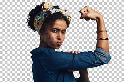 Buy stock photo Strong, power and portrait of woman for gender equality, fight and feminism on isolated, transparent or png background. Flex, arms and icon with confidence, pride or challenge for women empowerment