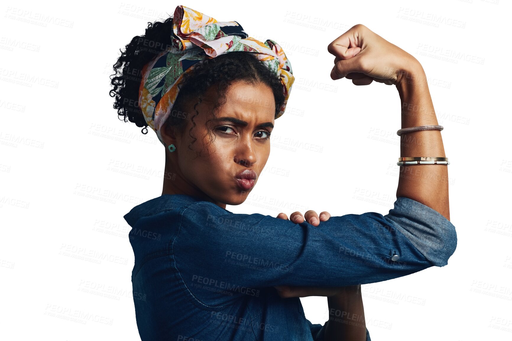 Buy stock photo Strong, power and portrait of woman for gender equality, fight and feminism on isolated, transparent or png background. Flex, arms and icon with confidence, pride or challenge for women empowerment