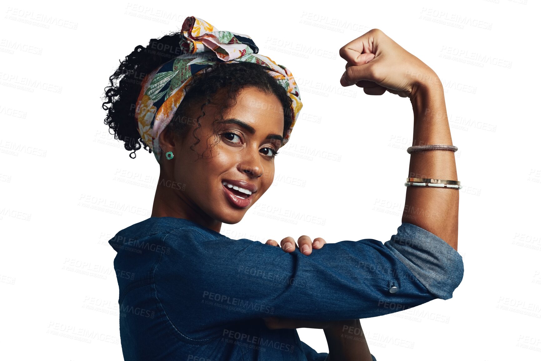 Buy stock photo Strong, power and portrait of woman for gender equality, fight and feminism on isolated, transparent or png background. Flex, arms and icon with confidence, pride or challenge for women empowerment