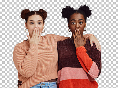 Surprise, portrait and girl friends with wow face of young women with secret and brown studio background. Gen z student surprised chat together with whisper and excited discussion with shock story