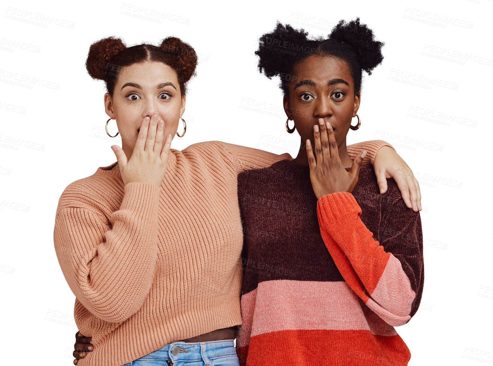 Buy stock photo Shock, portrait and girl friends with wow, omg or wtf face expression for secret with friendship. Gen z, surprise and interracial young women with gossip news isolated by transparent png background.