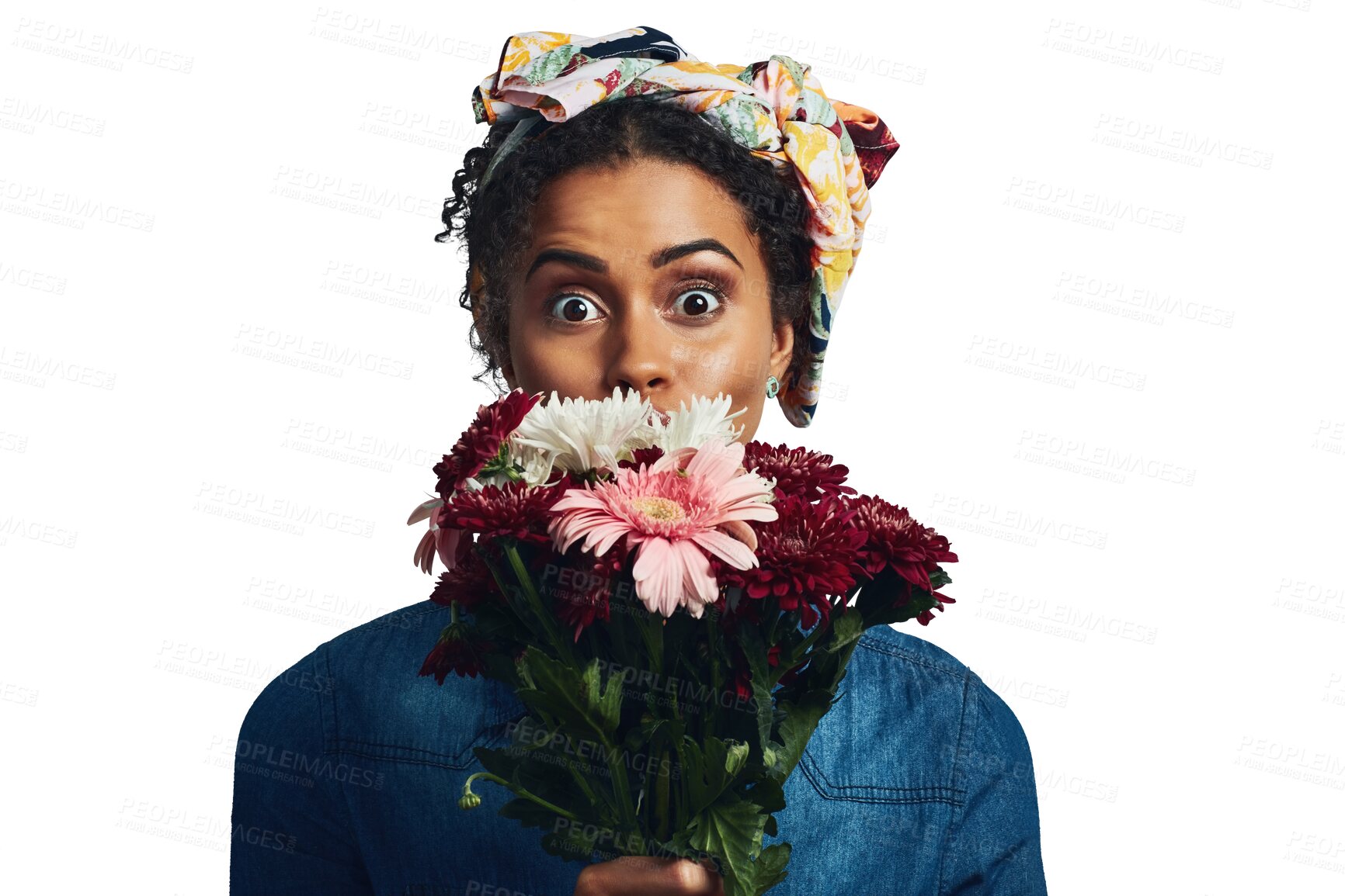 Buy stock photo Flowers, surprise and portrait of woman with fashion on isolated, png and transparent background. Natural beauty, wow and comic face of person with bouquet, plant and floral art for spring aesthetic