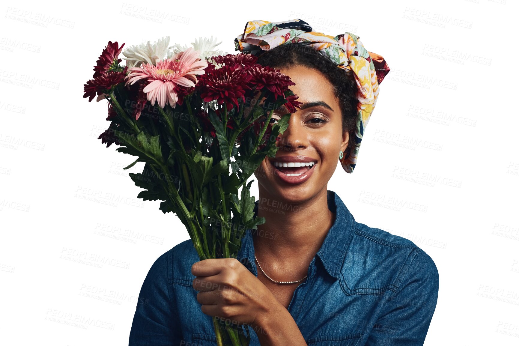 Buy stock photo Flowers, happy and portrait of woman with fashion on isolated, png and transparent background. Natural beauty, creative and face of person with bouquet, plant and floral art for spring aesthetic