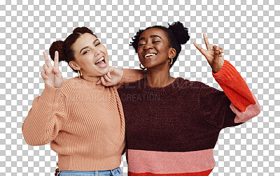Fashion, peace sign and women friends in studio with hand gesture, smile and happiness on brown background. Freedom, beauty and black woman with happy girl for relaxing, cosmetics and emoji together