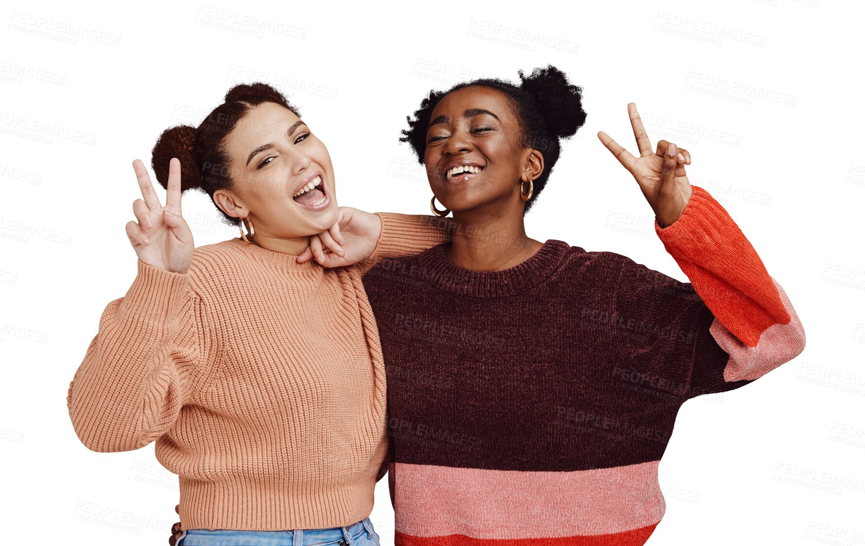 Buy stock photo Peace sign, friends and portrait of women with fashion on isolated, png and transparent background. Happy, style and people with hand gesture in trendy clothes, stylish outfit and emoji for freedom