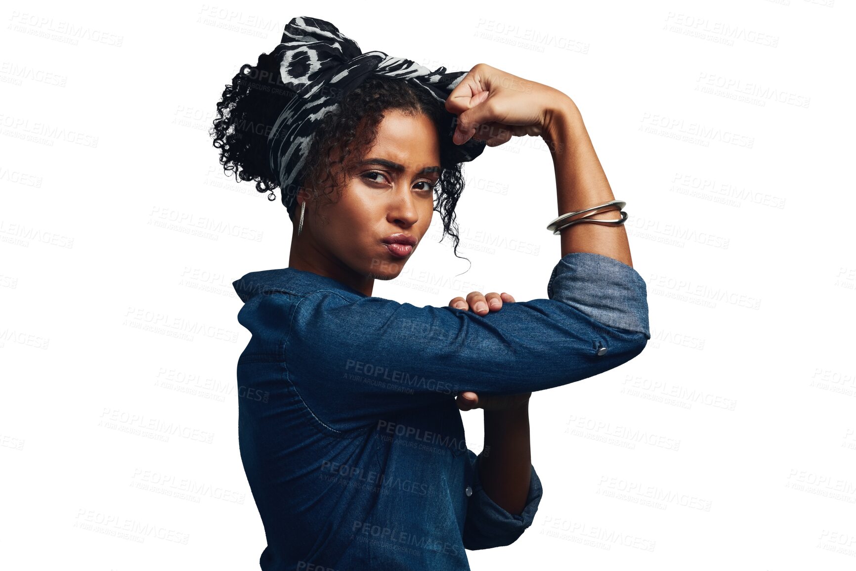 Buy stock photo Strong, woman and portrait of fight for gender equality, power and feminism on isolated, transparent or png background. Flex, arms and icon with confidence, pride or challenge for women empowerment