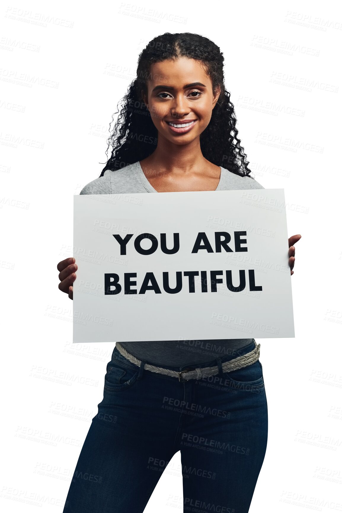 Buy stock photo Self love, poster and portrait of woman with acceptance on isolated, transparent or png background. Body positivity, support and face of lady model show banner, billboard or healing, care and promo