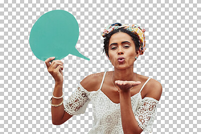 Buy stock photo Fashion, kiss and portrait of woman with speech bubble, poster or sale on isolated, transparent or png background. Face, thank you and female boho model show space for social media, support or deal