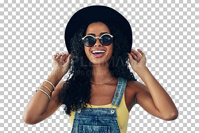 Buy stock photo Summer, fashion and smile, woman isolated on transparent png background in sunglasses and hat for portrait. Travel, holiday and happy gen z girl in eyewear, designer clothes and luxury vacation style