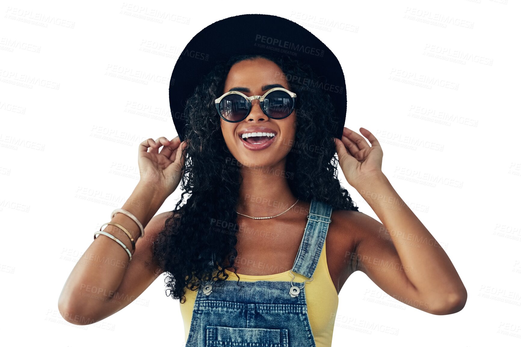 Buy stock photo Summer, fashion and smile, woman isolated on transparent png background in sunglasses and hat for portrait. Travel, holiday and happy gen z girl in eyewear, designer clothes and luxury vacation style