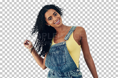 Buy stock photo Woman, smile in portrait and fashion, beauty and casual clothes isolated on png transparent background. Happy, denim and summer outfit with trendy style, cosmetics and Brazilian model in streetwear