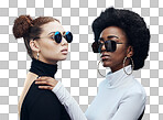 Fashion, friends and women with sunglasses in studio for cosmetics, makeup and luxury style. Fashion models, designer brand and confident girls with stylish accessories, trendy clothes and jewellery