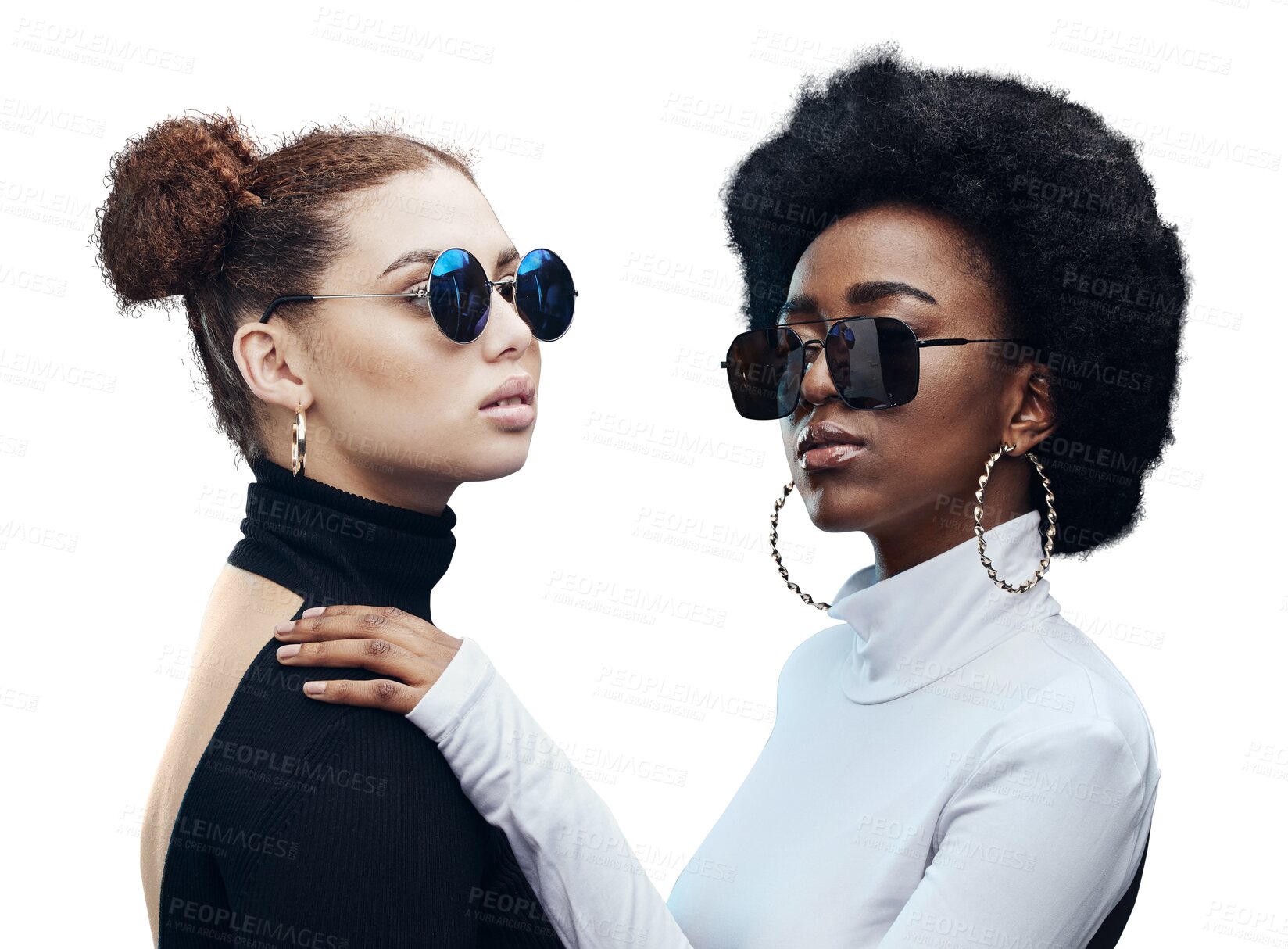 Buy stock photo Fashion, girl friends with sunglasses and isolated on transparent png background for beauty, luxury and diversity. Portrait, designer brand glasses and hipster women with serious face, frame or style