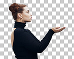 Hand, woman and holding gesture in studio with mockup, space and grey background for product placement. Young, beautiful and girl with open palm hands on mock up, branding and showing copy space