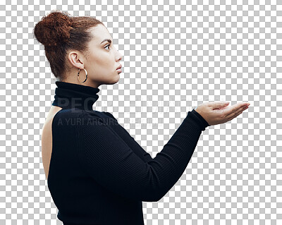 Hand, woman and holding gesture in studio with mockup, space and grey background for product placement. Young, beautiful and girl with open palm hands on mock up, branding and showing copy space