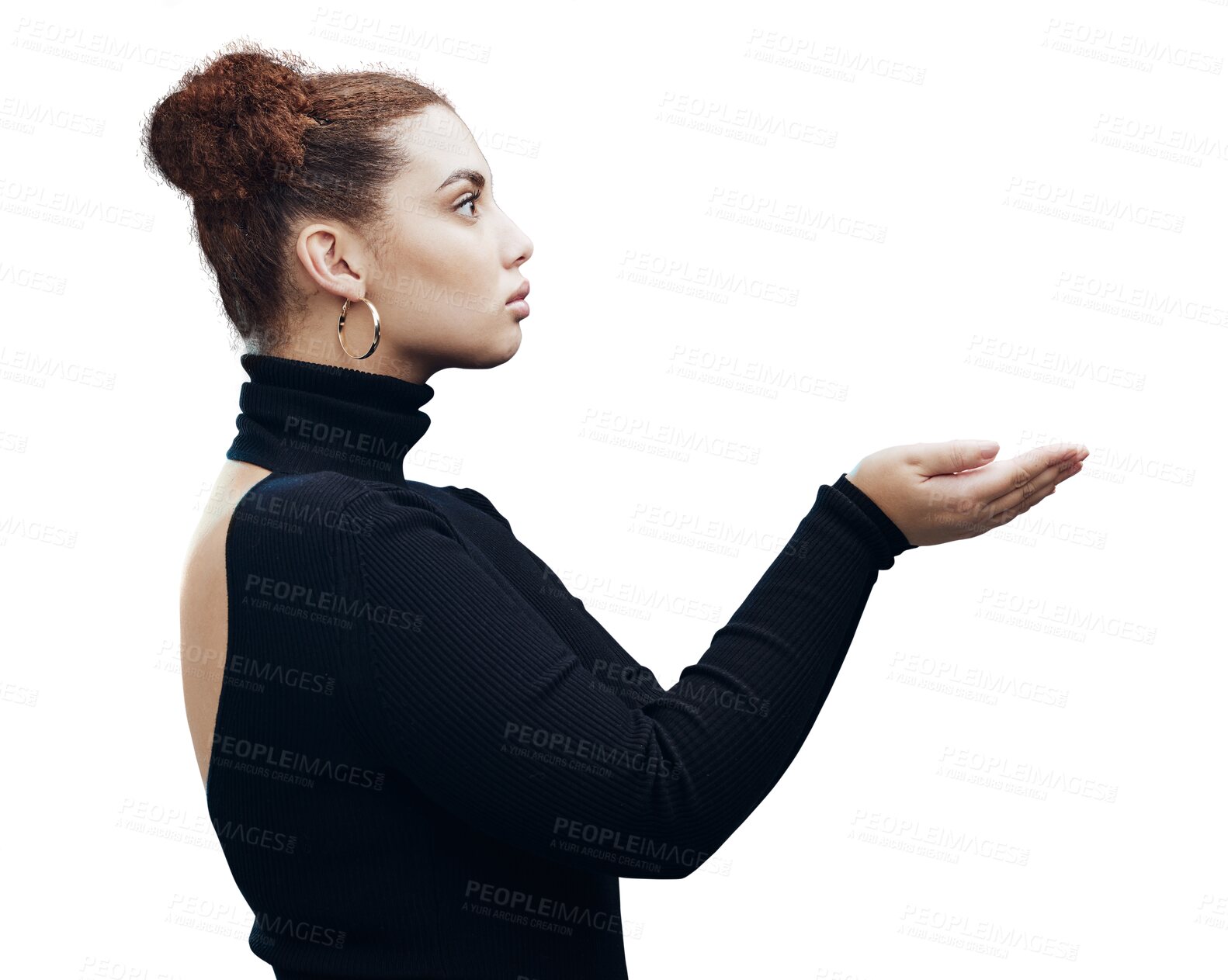 Buy stock photo Hand, woman and holding gesture with space for marketing, promotion or advertising with elegant fashion. Young, serious and profile of girl with open palm hands isolated by transparent png background