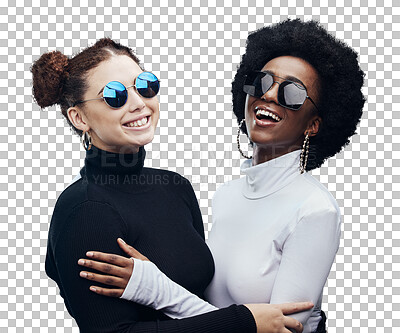 Fashion, futuristic and women smile in sunglasses, cyberpunk and trendy designer brand with gen z youth. Marketing, diversity and contemporary style with vision and edgy against studio background