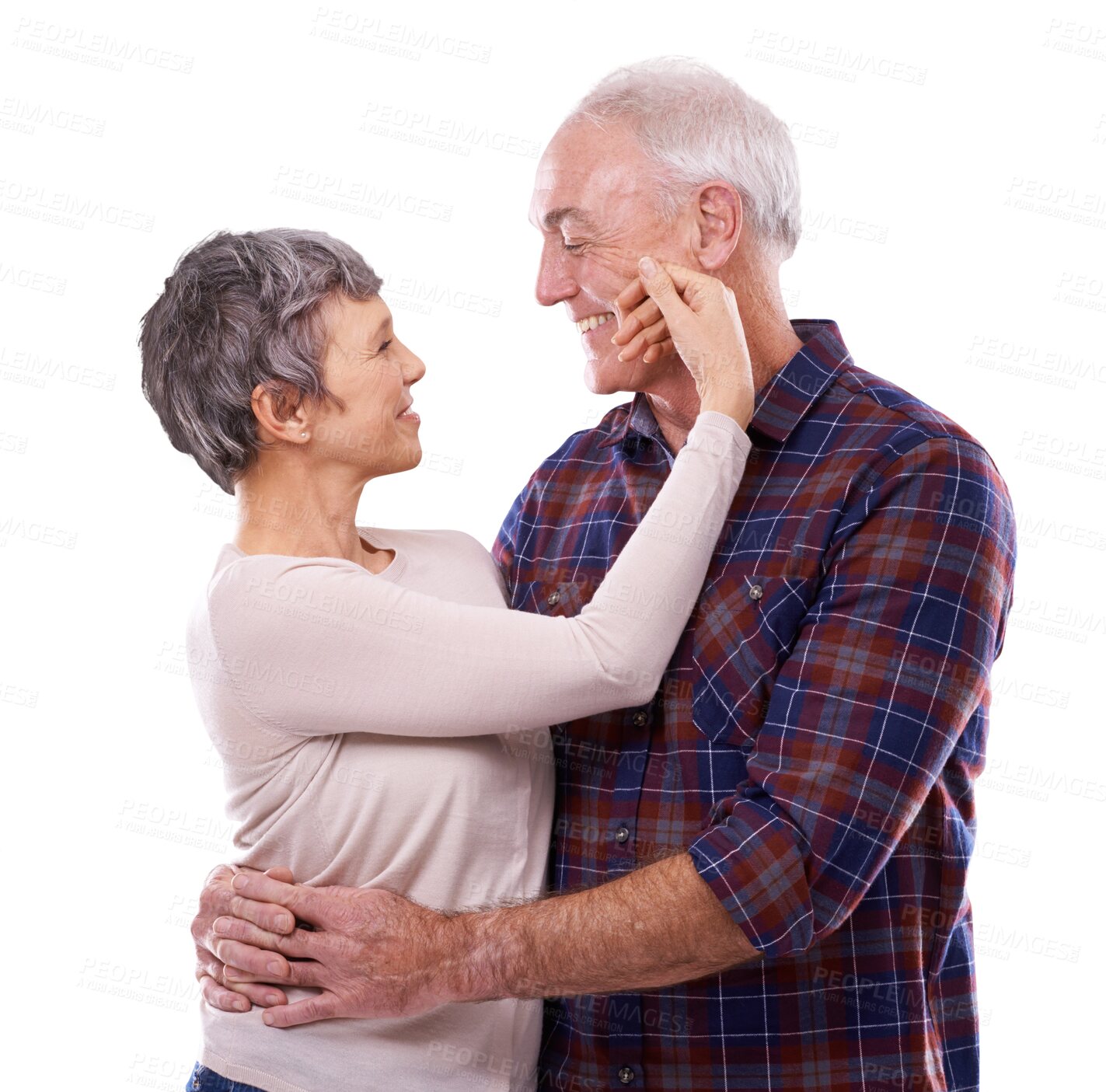 Buy stock photo Mature couple, hug and smile by looking at each other in isolated on transparent png background. Happy people, love and touch for support, trust and content with retirement, romance and anniversary