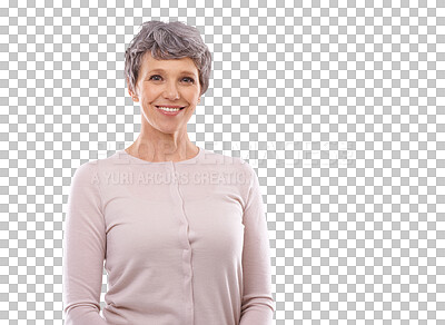 Buy stock photo Happiness, portrait and mature woman relax, confident and smile for retirement, elderly care or senior wellness. Casual, beautiful and happy old person isolated on a transparent, png background