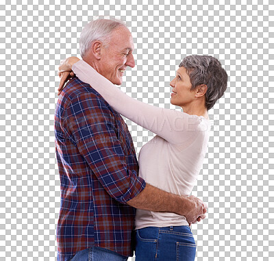 Buy stock photo Love, hug and senior couple isolated on transparent png background with trust, support or care. Happy marriage, old man and elderly woman embrace in romance, bonding and smile in retirement together.