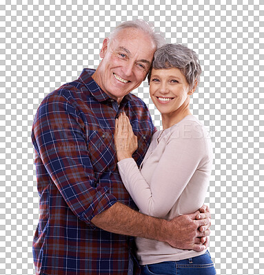 Buy stock photo Portrait, hug and senior couple isolated on transparent png background with smile, support and love. Happy marriage, old man and elderly woman embrace in romance, bonding and retirement together.