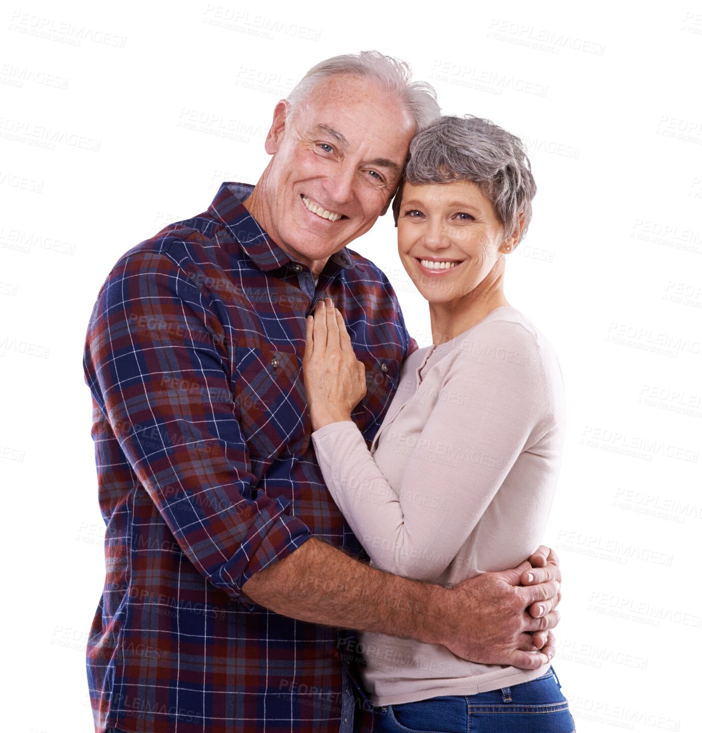 Buy stock photo Portrait, hug and senior couple isolated on transparent png background with smile, support and love. Happy marriage, old man and elderly woman embrace in romance, bonding and retirement together.