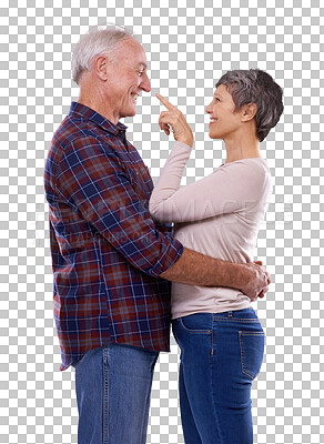 Buy stock photo Fun, hug and senior couple isolated on transparent png background with love, support or care. Happy marriage, old man and elderly woman embrace in romance, bonding and smile in retirement together.