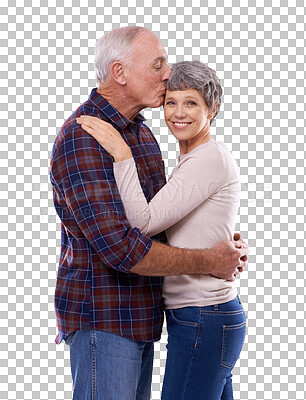 Buy stock photo Happy senior couple, kiss and hug for love, support or embrace isolated on a transparent PNG background. Mature man and woman or lovers smile for affection, trust or marriage together in happiness