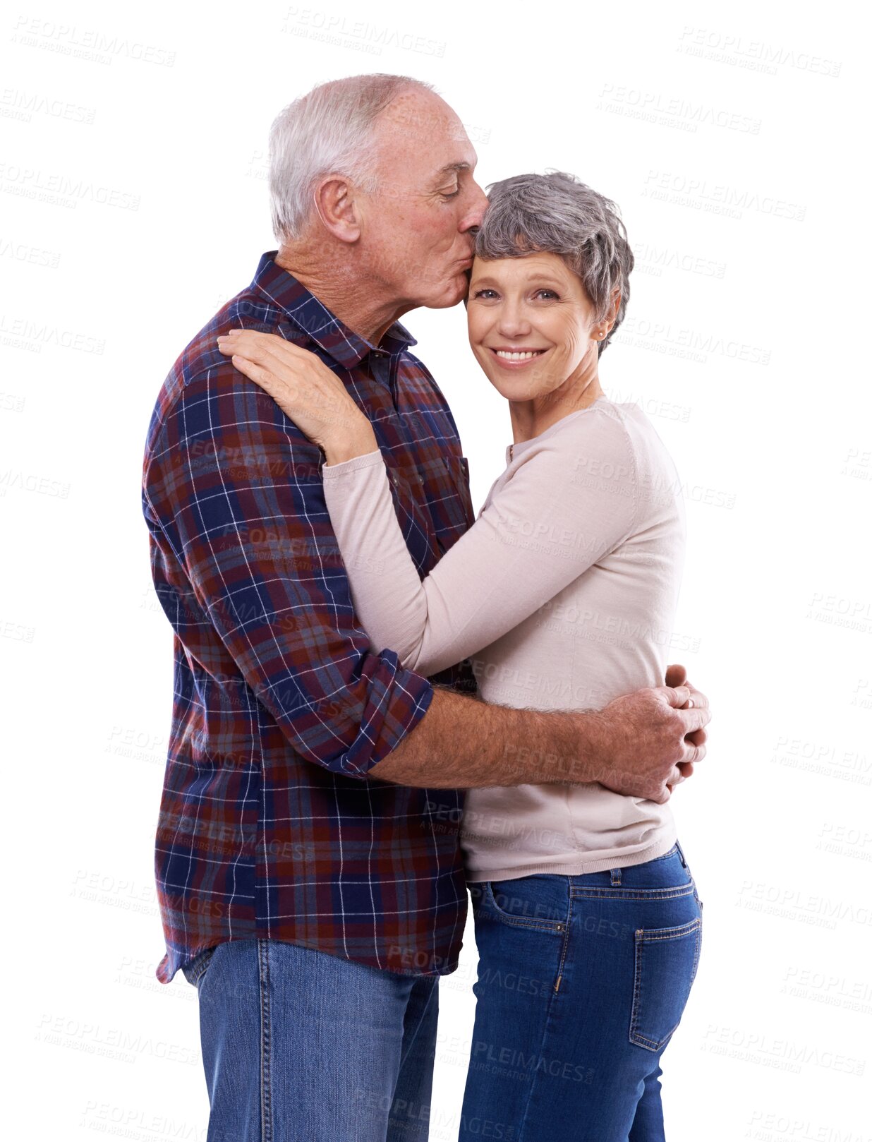 Buy stock photo Happy senior couple, kiss and hug for love, support or embrace isolated on a transparent PNG background. Mature man and woman or lovers smile for affection, trust or marriage together in happiness