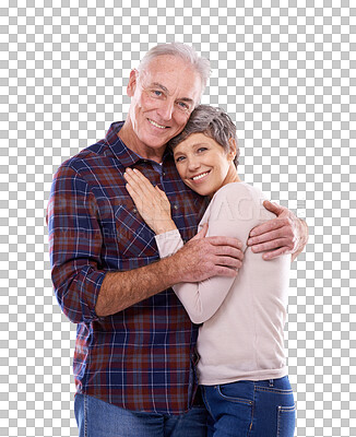 Buy stock photo Support, hug and portrait of old couple isolated on transparent png background in trust, love and care. Happy marriage, senior man and woman embrace in romantic bonding, smile and retirement together