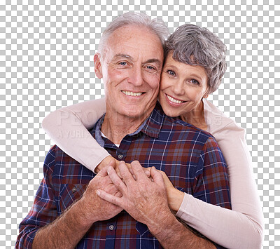 Buy stock photo Marriage, hug and portrait of old couple isolated on transparent png background in trust, love and care. Happy support, senior man and woman embrace in romantic bonding, smile and retirement together