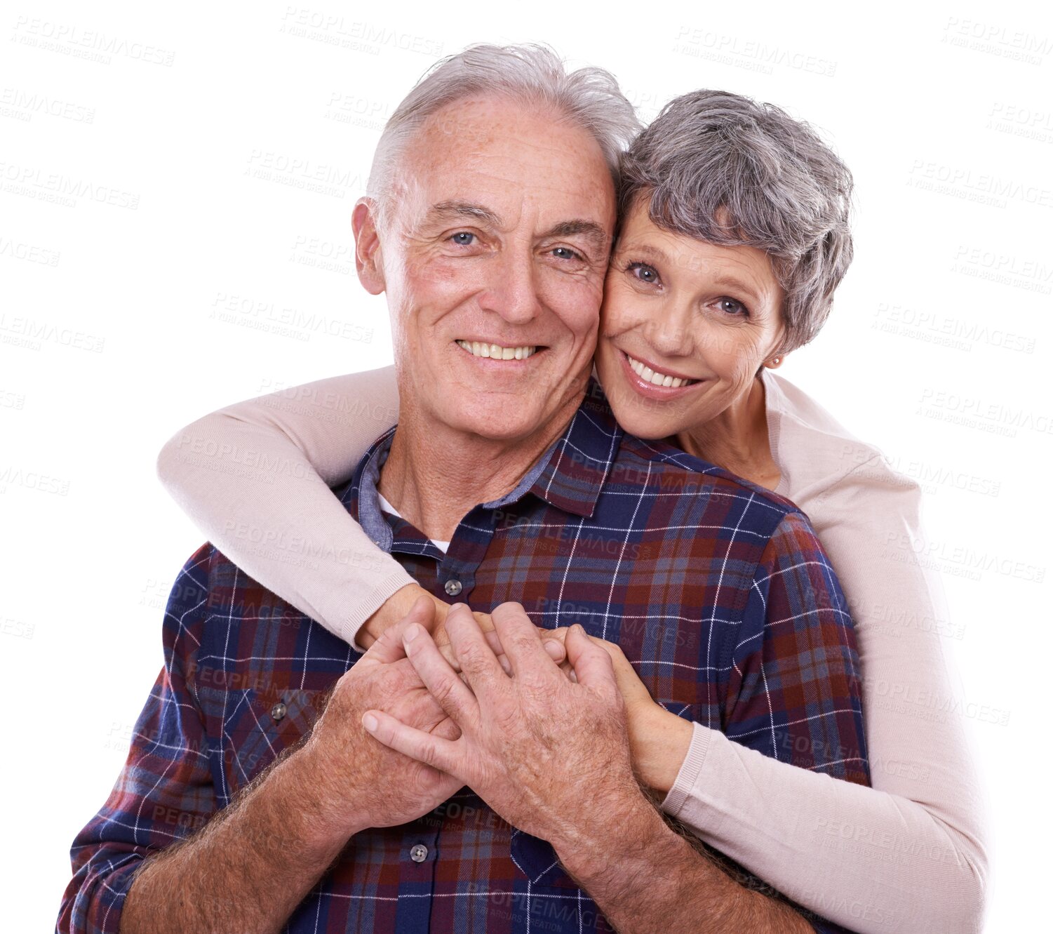 Buy stock photo Marriage, hug and portrait of old couple isolated on transparent png background in trust, love and care. Happy support, senior man and woman embrace in romantic bonding, smile and retirement together