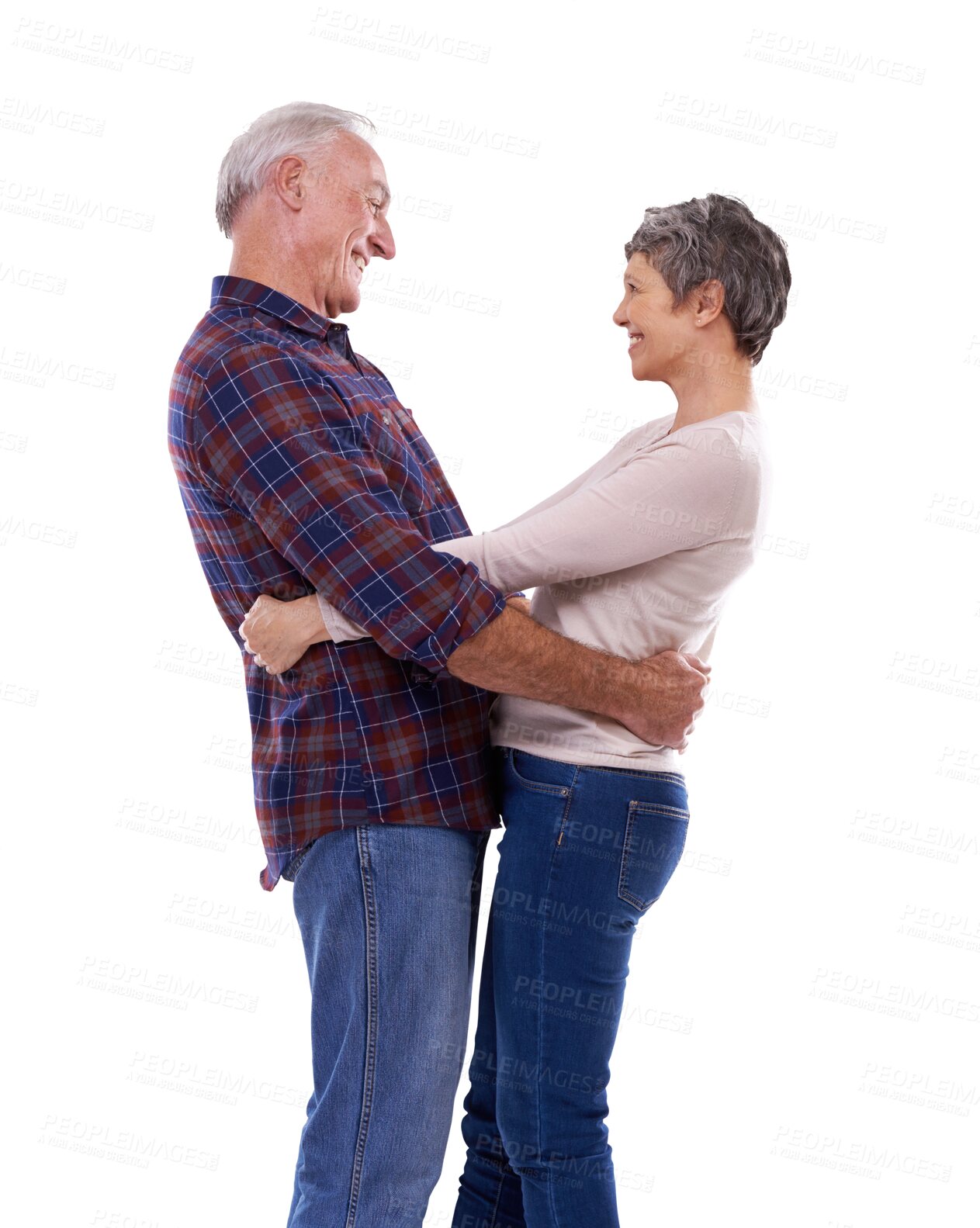 Buy stock photo Smile, hug and senior couple isolated on transparent png background with trust, support or care. Happy marriage, old man and elderly woman embrace in romance, bonding and love in retirement together.