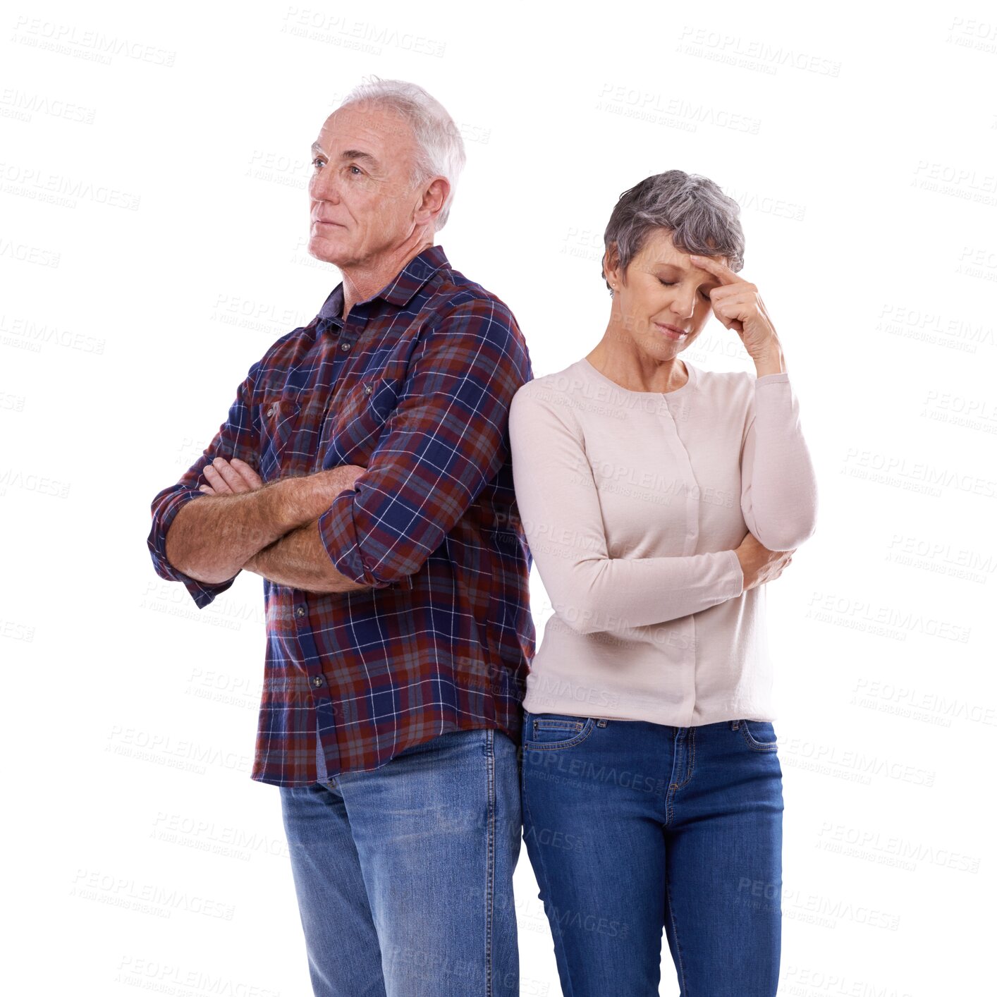 Buy stock photo Ignore, senior couple and divorce, conflict or fight isolated on a transparent png background. Elderly, arms crossed and man and woman with stress in marriage crisis, angry and fail in relationship