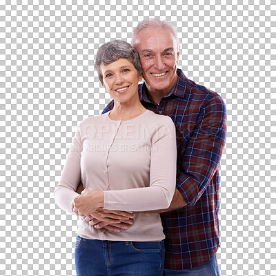 Buy stock photo Retirement, hug and portrait of old couple isolated on transparent png background in trust, love and care. Happy marriage, senior man and woman embrace in romantic bonding, smile and support together