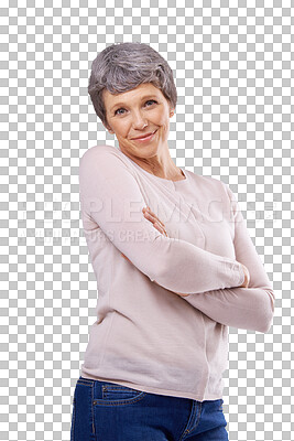 Buy stock photo Mature woman, portrait and smile with arms crossed in isolated on transparent png background. Elderly person, face and happy for calm, relax and pride for retirement, pensioner and casual in clothes