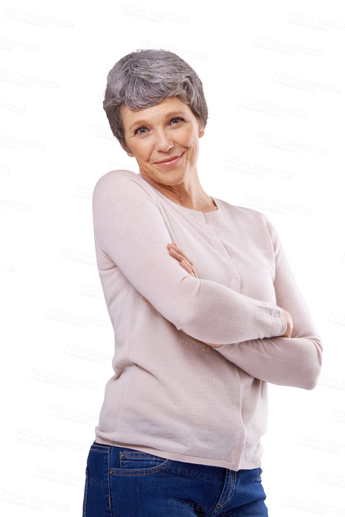 Buy stock photo Mature woman, portrait and smile with arms crossed in isolated on transparent png background. Elderly person, face and happy for calm, relax and pride for retirement, pensioner and casual in clothes