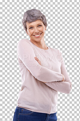 Buy stock photo Happy, mature woman and arms crossed in casual style and confidence isolated on transparent png background. Portrait of senior person or model smile with pension or retirement plan and happiness