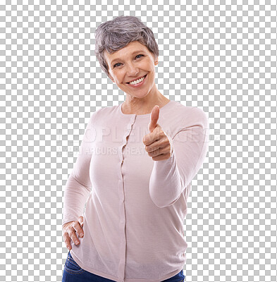 Buy stock photo Senior, woman and portrait with thumbs up, hand and sign for thank you on isolated, transparent or png background. Yes, hand gesture and mature lady with happy, agreement and success in retirement