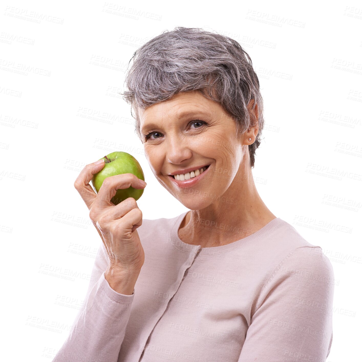 Buy stock photo Mature woman, portrait and smile with apple in hand, face isolated on a transparent png background and fruit nutrition. Teeth health, natural diet and wellness for food, vitamins and healthy living