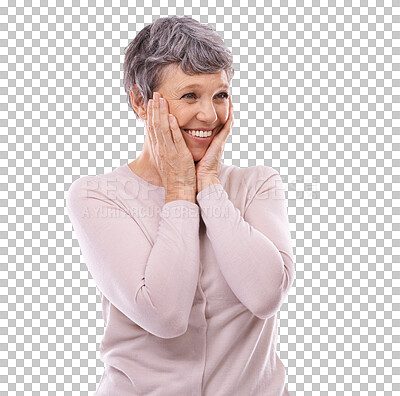 Buy stock photo Mature woman, happy and smile with hand on face with excitement, change or vision for retirement. Caucasian, model and think on isolated or a transparent png background for wellness, vacation or trip