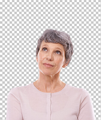 Buy stock photo Senior woman is thinking, memory and retirement with wellness and inspiration isolated on png transparent background. Mature model, wise and thoughtful with ideas, decision and dream with insight