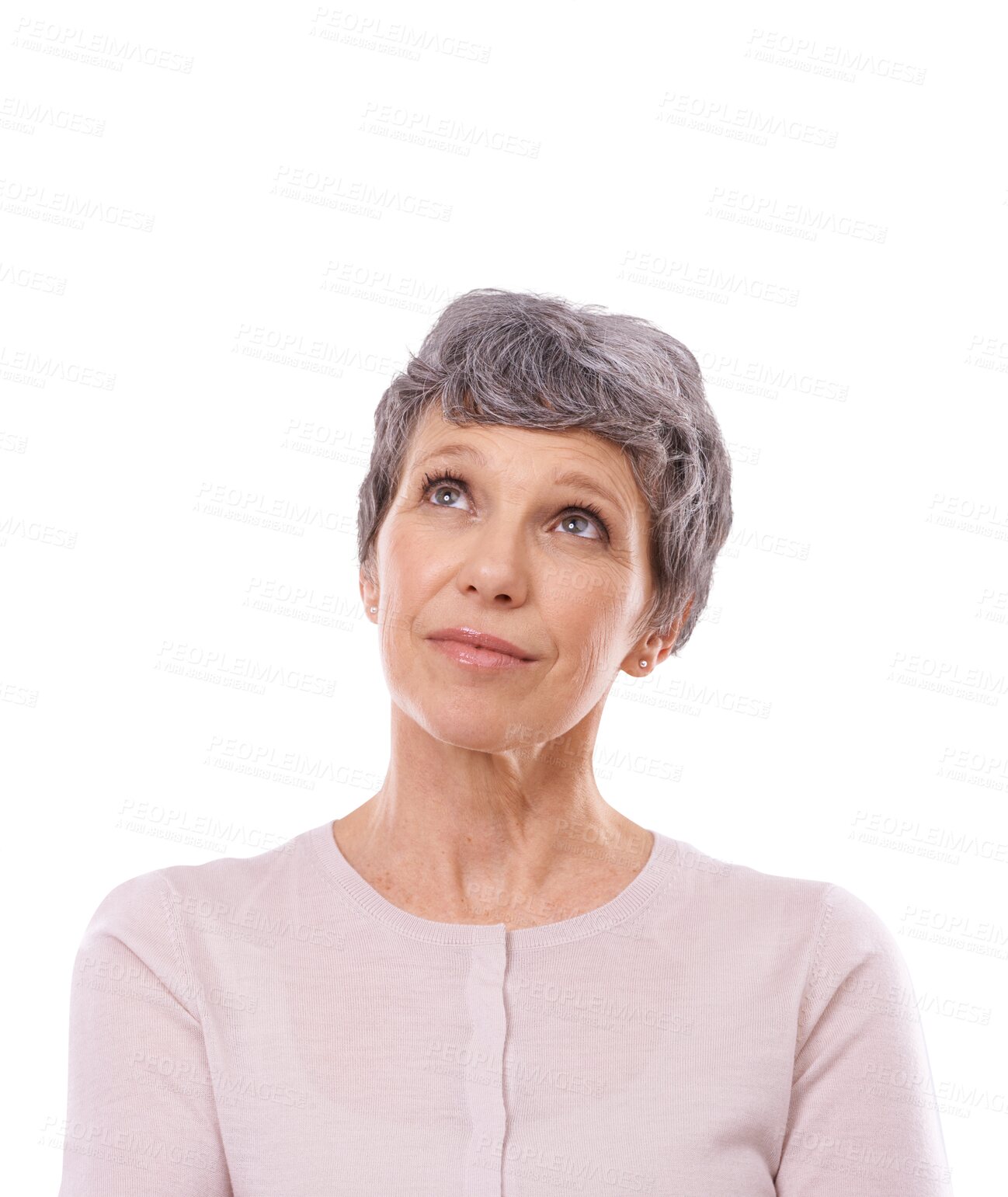 Buy stock photo Senior woman is thinking, memory and retirement with wellness and inspiration isolated on png transparent background. Mature model, wise and thoughtful with ideas, decision and dream with insight