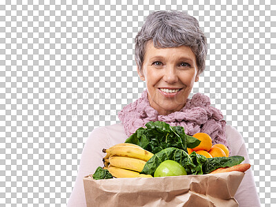 Buy stock photo Mature woman, groceries and portrait for shopping fruits and vegetables with sale or supermarket promotion. Happy customer for healthy food, paper bag or retail isolated on transparent png background