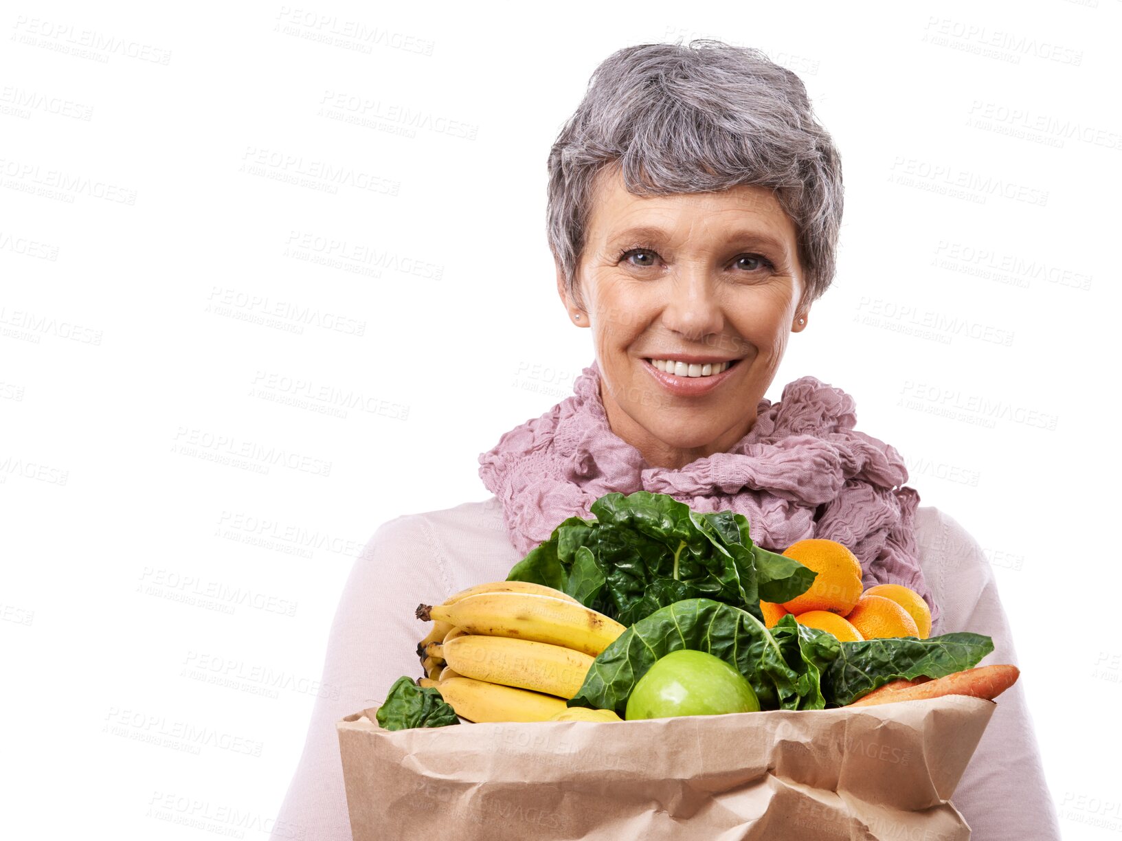 Buy stock photo Mature woman, groceries and portrait for shopping fruits and vegetables with sale or supermarket promotion. Happy customer for healthy food, paper bag or retail isolated on transparent png background